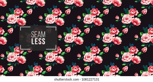 Vintage pink flowers bouquet vector seamless pattern in watercolor style. Repeatable seamless background with flowers.
