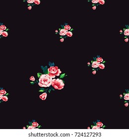 Vintage pink flowers bouquet vector seamless pattern in watercolor style. Beautiful floral Illustration on black background.