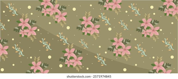 Vintage Pink Flowers and Leaves Pattern on Olive Green Background. Charming vintage pattern with pink flowers and green leaves on an olive background. Ideal for retro decor or invitations