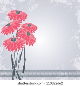 vintage pink flowers on gray grunge background with lace decorated