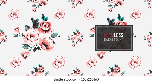 Vintage pink flowers vector seamless pattern in watercolor style. Beautiful floral illustration on white background.