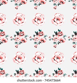 Vintage pink flowers vector seamless pattern in watercolor style. Beautiful floral illustration on white background.