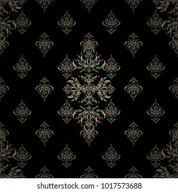 Vintage pink and green seamless pattern, abstract ornament brocade textile pattern, motley stylized elements on black background.