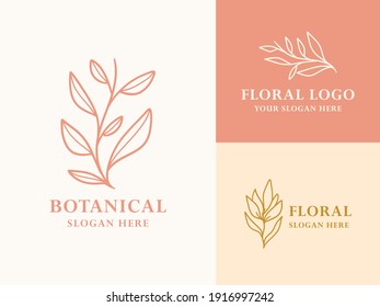 Vintage Pink Hand Drawn Leaf Botanical Logo Illustration Design Set For Beauty, Natural, Organic Brand