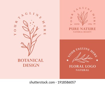 Vintage Pink Hand Drawn Leaf Botanical Logo Illustration Design Set For Beauty, Natural, Organic Brand