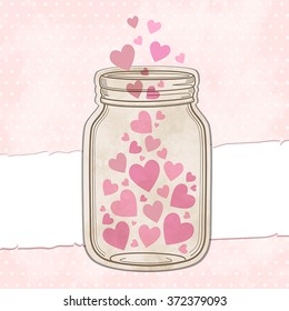 Vintage pink hearts in a glass jar