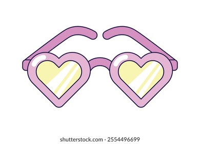 Vintage pink Heart-shaped sunglasses on white background. Retro illustration with outline in 90s style. Isolated vector illustration.