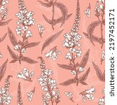 Vintage pink monochrome seamless pattern with snapdragon flowers. Engraving style . Vector illustration.