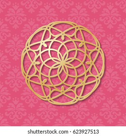 Vintage pink ornate background with 3d golden lacy circular decoration. Invitation or greeting card design template. Paper cut simple mandala pattern. Laser cutting element. Vector illustration