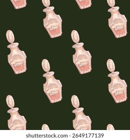 Vintage Pink Perfume Bottle Pattern on Dark Green. Watercolor Illustration for Beauty Packaging and Retro Decor