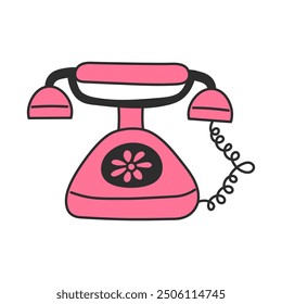 Vintage pink Phone Doodle Icon. Hand drawn Retro Telephone symbol. Old Fashioned Wired Technology. Isolated vector illustration