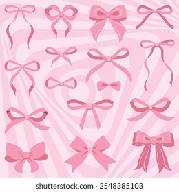 Vintage pink ribbons and bows. Valentines day. Simple hand drawn pink ribbon bow collection. Bowknot for decoration, set of pinky bowtie. Ribbon illustration set. Ice cream dessert pink background set