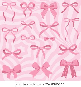 Vintage pink ribbons and bows. Valentines day. Simple hand drawn pink ribbon bow collection. Bowknot for decoration, set of pinky bowtie. Ribbon illustration set. Ice cream dessert pink background set
