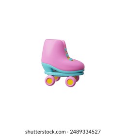 Vintage pink roller skate 3D plastic style icon. Retro bright design from 90s. Cartoon street youth sport activity. Vector render illustration isolated on white background