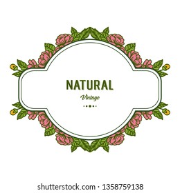 Vintage pink rose flower natural art frame for invitation greeting card. Vector illustration.