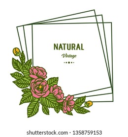 Vintage pink rose natural art frame for invitation greeting card. Vector illustration.