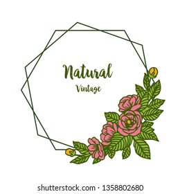 Vintage pink rose natural art frame for invitation greeting card. Vector illustration.