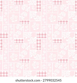 Vintage Pink Rose Patchwork Seamless Pattern for Shabby Chic Feminine Textile and Wallpaper Design