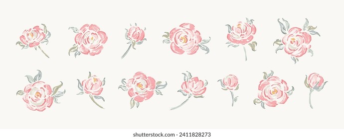 Vintage Pink Roses Vector Set. Rose Flower Shabby Chic Collection. Flowers and Leaves. Millefleurs Liberty Style Design.