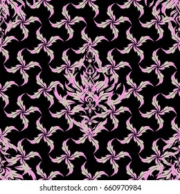 Vintage pink seamless pattern, abstract ornament brocade textile pattern, motley stylized elements on black background.