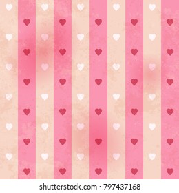 Vintage pink seamless pattern of stripes and hearts. Old paper parchment texture. Endless background for web page, wallpaper or wrapping. St. Valentines Day repeating texture. Vector illustration