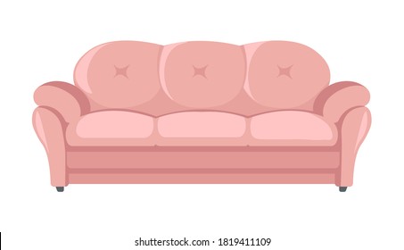 Vintage pink sofa made of wood and fabric materials. Fluffy cushions, contemporary furniture for home interior styling. Couch for sleeping or sitting, indoor decor. Vector in flat style illustration
