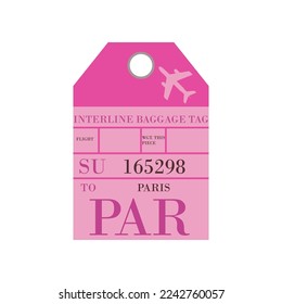 Etiqueta de maleta rosa vintage o diseño de boletos con París para viajes en avión. Etiqueta retro para el equipaje en la ilustración del vector plano del aeropuerto. Concepto de viaje