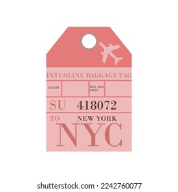 Vintage pink suitcase label or ticket design with New York for plane trips. Retro tag for luggage at airport flat vector illustration. Traveling concept