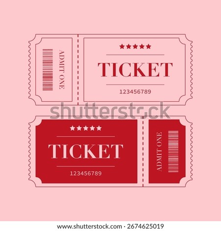 Vintage pink ticket with barcode and admit one text. Retro style admission coupon design, isolated on pastel background.