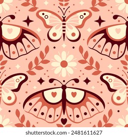 Vintage pink tone seamless pattern with butterflies and moths. Bohemian vibe backdrop. Mystery insects: luna moth, butterflies. Boho mystical moth background.