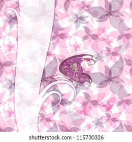 Vintage pink translucent floral easter elegance frame with vintage violet butterfly (vector EPS10)