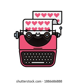Vintage pink typewriter typing a loveletter or valentines day greetings isolated vector illustration