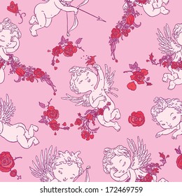 Vintage Pink Valentine Angels with Roses. Copy that square to the side and you'll get seamlessly tiling pattern which gives the resulting image ability to be repeated or tiled without visible seams.