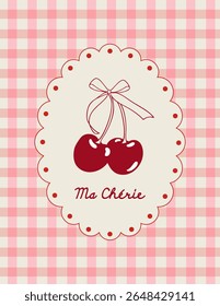 Vintage pink Valentine's Day card checkered with  hand drawn cherry and bow. Vector illustration for celebration, poster, banner, branding, sale, label, cover.
