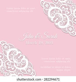 Vintage pink wedding invitation cover with lace decoration