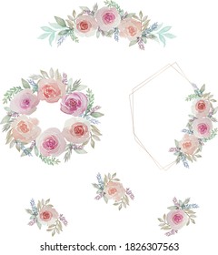 Vintage pink and white flowers with green leaves bouquet and frame painting watercolor illustration vector for artwork background decoration