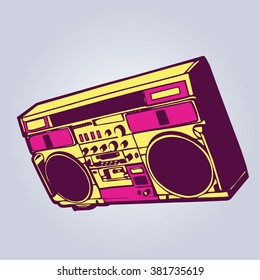 Vintage pink and yellow music vector boombox. Electronic musical instrument