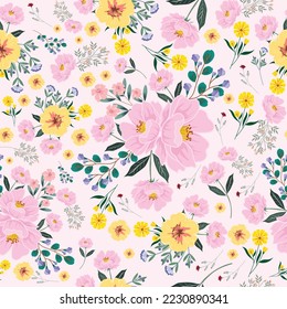 Vintage pink and yellows flowers seamless pattern