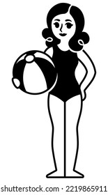 Vintage Pin-up Girl In Swimsuit Holding Beach Ball, Black And White Cartoon Vector Illustration.