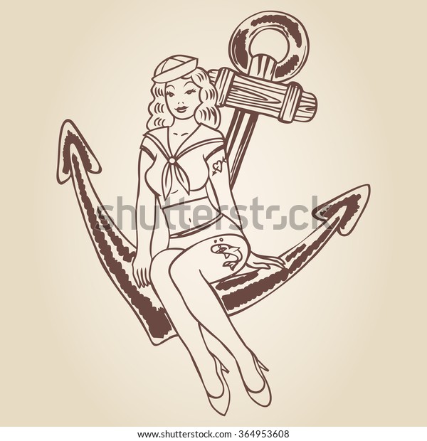 Vintage Pinup Sailor Girl Sitting On Stock Vector Royalty Free 364953608