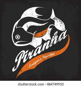 Vintage piranha old grunge effect tee print vector design. Web graphics stylized banner. Premium quality superior American retro logo concept. Shabby dangerous fish t-shirt emblem.