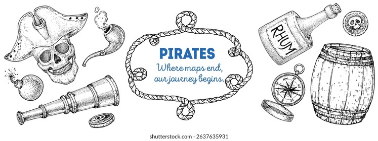Vintage pirate border. Hand drawn sketch style vector. Old sea map template with nautical elements. Ideal for pirate party invitations, labels, and design projects. Hand drawn sketches