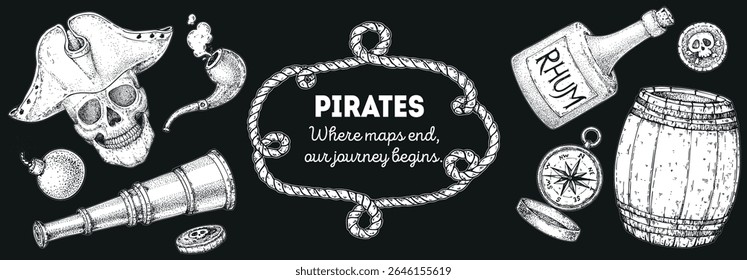 Vintage fronteira pirata. Vetor de estilo de esboço desenhado à mão. Modelo antigo de mapa do mar com elementos náuticos. Ideal para convites de festas piratas, etiquetas e projetos de design. Esboços desenhados à mão