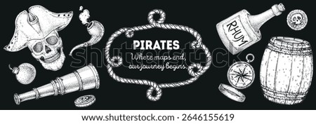 Vintage pirate border. Hand drawn sketch style vector. Old sea map template with nautical elements. Ideal for pirate party invitations, labels, and design projects. Hand drawn sketches