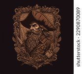 Vintage pirate captain illustration on black background