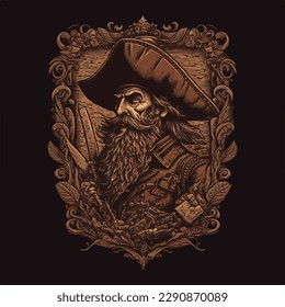 Vintage pirate captain illustration on black background