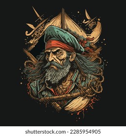 Vintage pirate captain portrait in black background