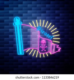 Vintage pirate emblem glowing neon