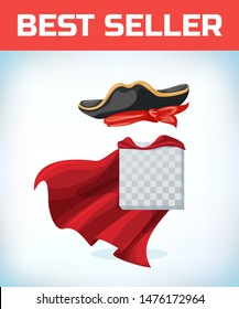 Vintage pirate hat. Masquerade costume headdress. Carnival or Halloween mask. Cartoon Vector illustration. Red cape