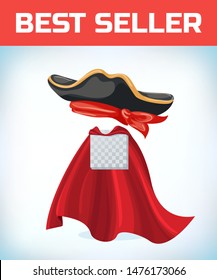 Vintage pirate hat. Masquerade costume headdress. Carnival or Halloween mask. Cartoon Vector illustration. Red cape